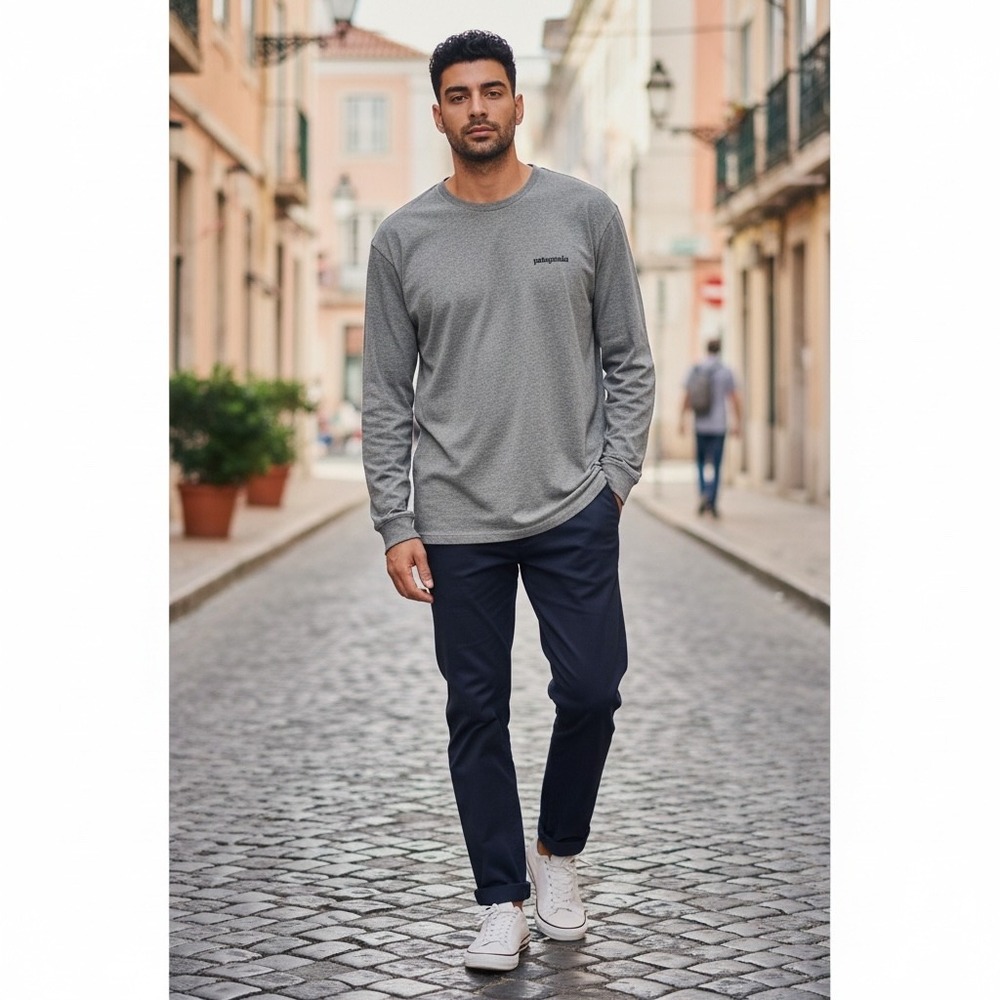 Patagonia Mens Responsibili-Tee Long Sleeve Grey Fitz Roy Logo Graphic XXL Shirt
